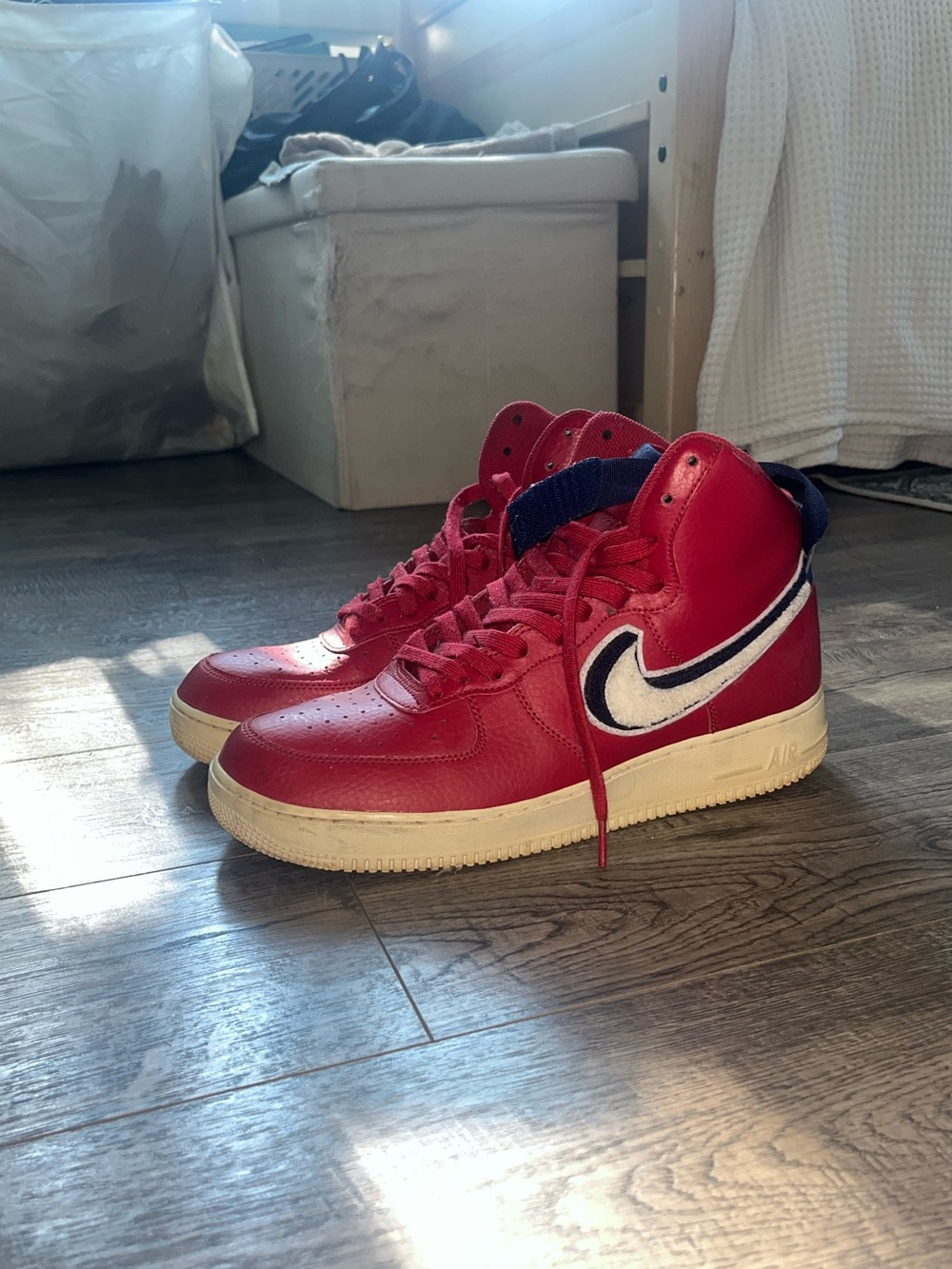 Nike Red High-Top Sneakers with White and Navy Swoosh